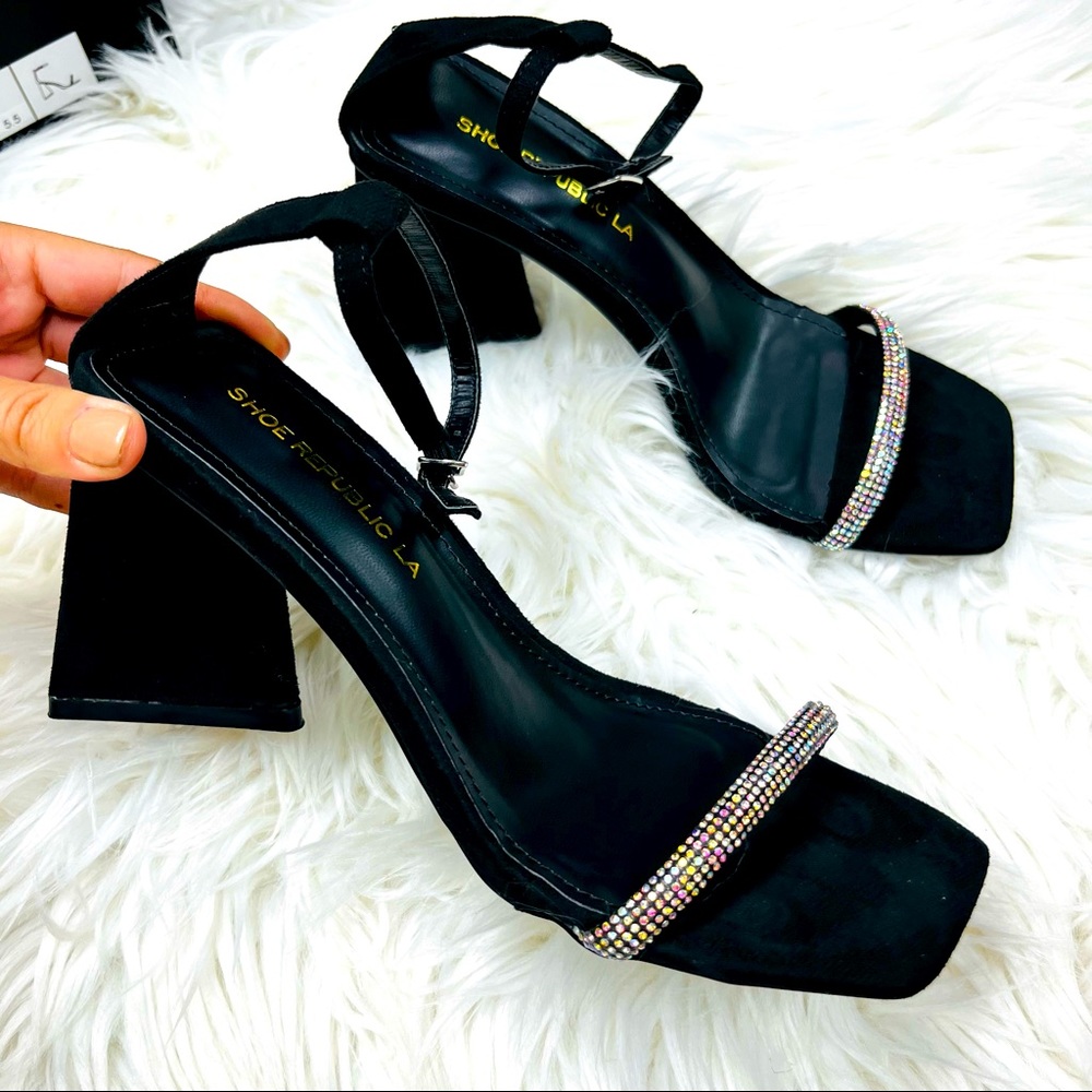 Black suede triangle heel